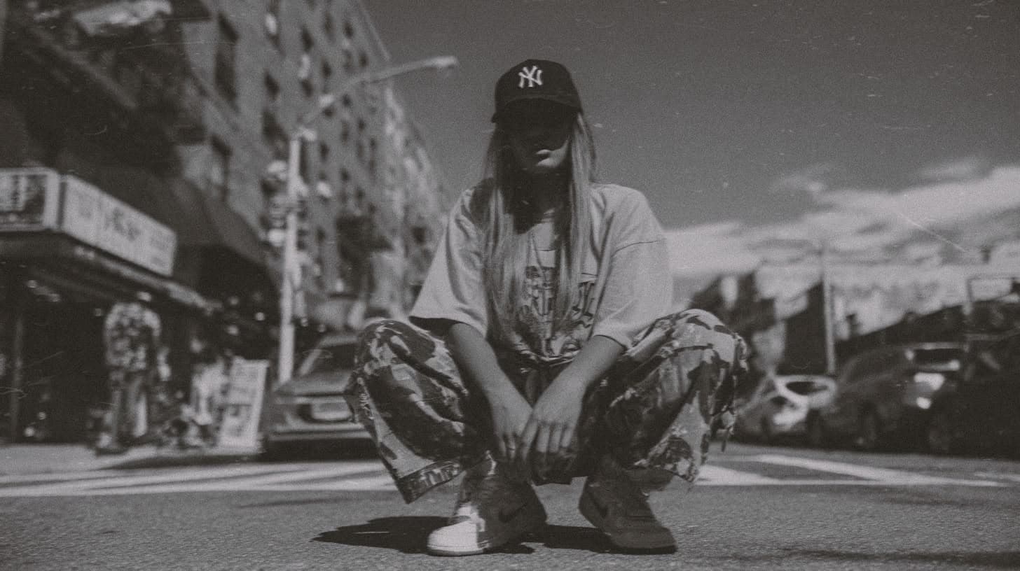 Collector in a New York cap crouching on the street